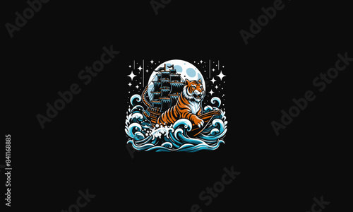 tiger riding ship on sea night vector artwork design