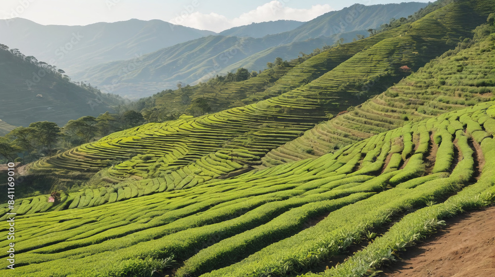 Scenic Tea Estate: Neatly Terraced Fields Stretching Across Hills, Generative AI Scenic Tea Estate: Neatly Terraced Fields Stretching Across Hills, Generative AI