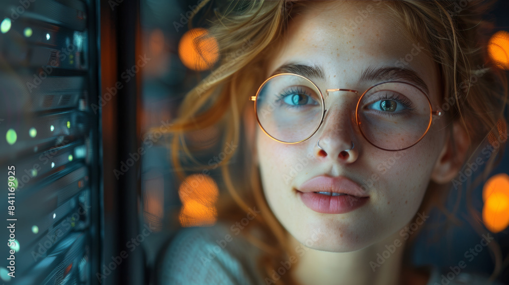 Woman Wearing Round Glasses Looks at Server Rack in Data Center Woman Wearing Round Glasses Looks at Server Rack in Data Center