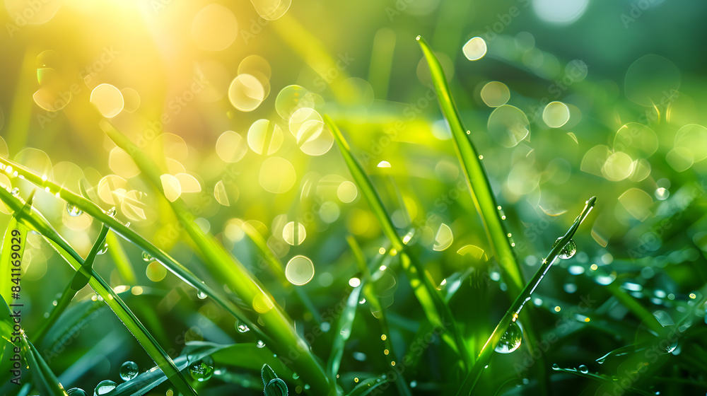 Obraz premium Beautiful water drop sparkle on a blade of grass in sunlight, macro. Big droplet of morning dew outdoor. Amazing artistic image of purity of nature