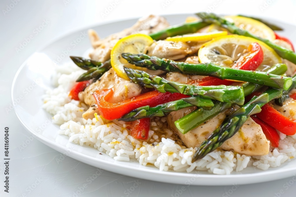 Sautéed Lemon Chicken with Asparagus and Red Peppers on Rice Sautéed Lemon Chicken with Asparagus and Red Peppers on Rice