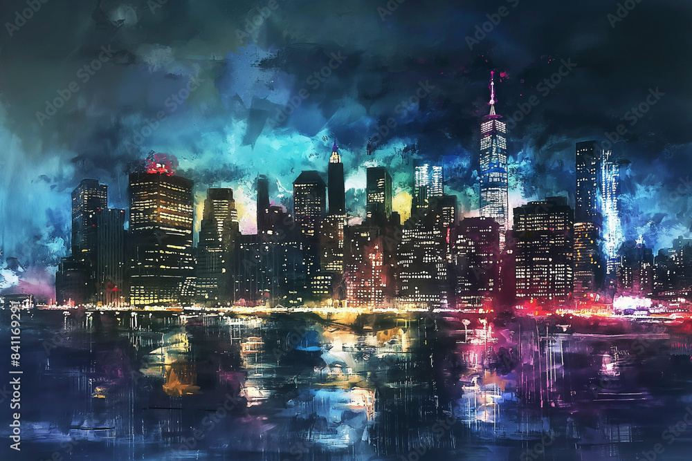 Fototapeta premium New York after dark: night skyline, cityscape, streets and landmarks painted with watercolor and oil