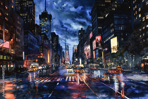 New York after dark: night skyline, cityscape, streets and landmarks painted with watercolor and oil