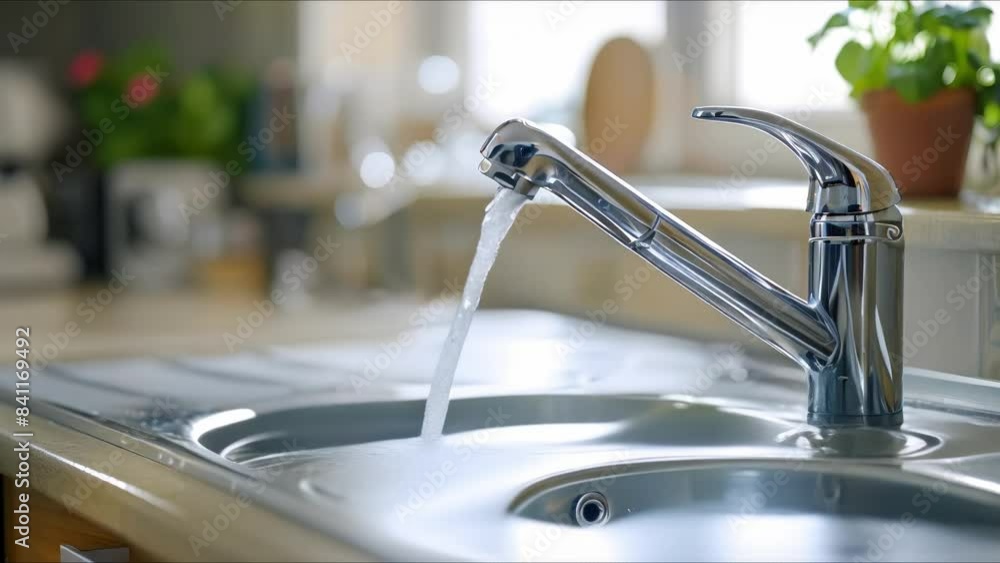 Metal faucet pouring water in kitchen sink. Concept Kitchen, Faucet, Water, Sink, Metal Metal faucet pouring water in kitchen sink. Concept Kitchen, Faucet, Water, Sink, Metal