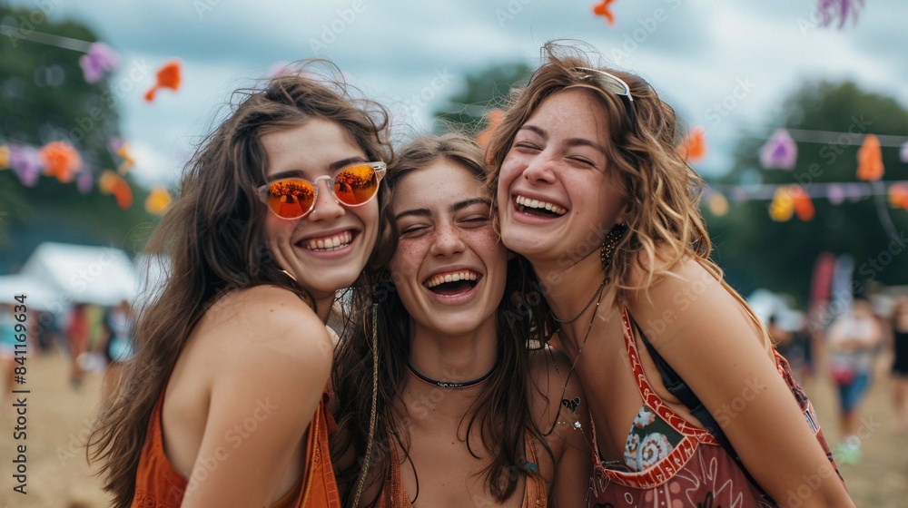 Three female friends embrace, giggle and rejoice in the enchantment of a summer music fest, capturing the essence of their bond through the use of 35mm film. Three female friends embrace, giggle and rejoice in the enchantment of a summer music fest, capturing the essence of their bond through the use of 35mm film.