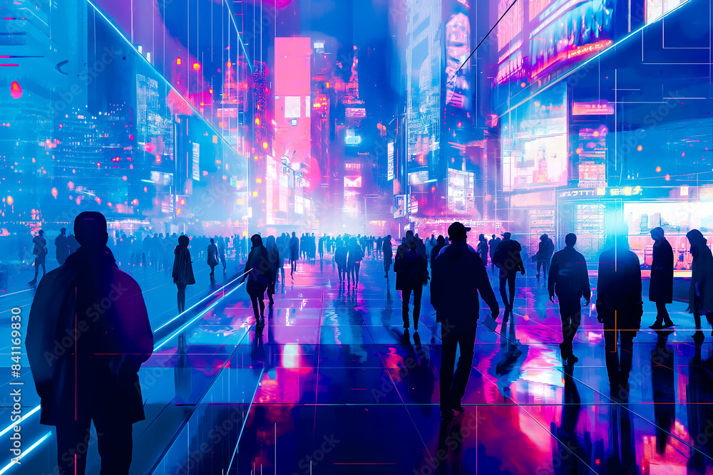 Night scenery of futuristic city with many people in teleport station, digital art style, illustration painting Night scenery of futuristic city with many people in teleport station, digital art style, illustration painting