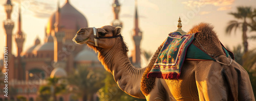 Camel by mosque, Eid al-Adha vibes. photo