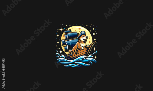 dog riding ship on sea vector logo design