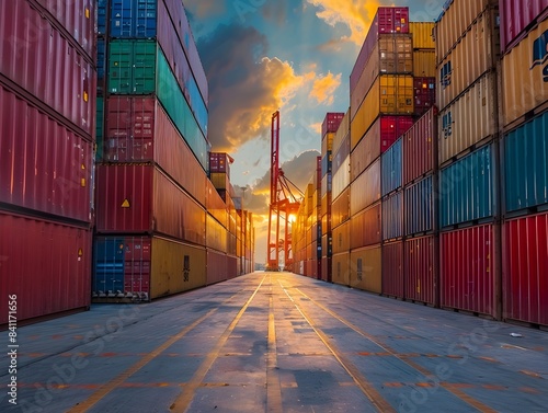 Colorful Sunset over Bustling Container Port Showcasing Logistics and Global Trade