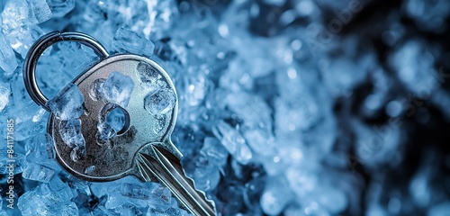 A close-up of a lock and key, with the key half-turned, both items encased in clear ice, representing the unlocking of shared secrets and trust that forms the foundation of deep friendship. photo