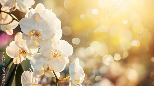 beautiful white orchid flowers blooming at autumn time. banner