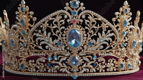 Majestic Ornaments: Intricate Tiara and Lavish Brooches on Velvet Displays, Generative AI