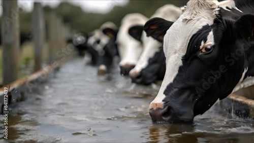 Cows Staying Hydrated with Fresh Water from Solar-Powered Trough. Concept Solar-Powered Livestock Waterers, Sustainable Farming, Animal Welfare, Solar Energy, Efficient Watering Systems photo