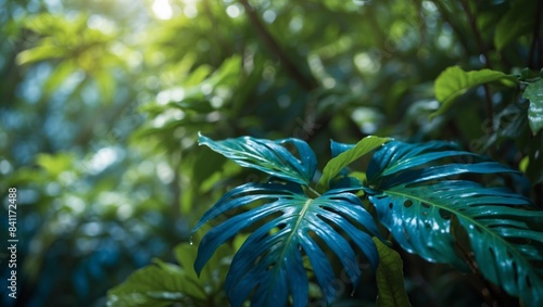 Impressionist Tropical Leaves in Vibrant Blues and Greens Under Morning Light.