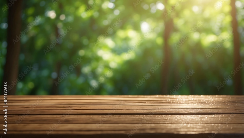 D Rendered Wooden Table in a Lush Green Background with Focused Sunlight and Bokeh Effects. D Rendered Wooden Table in a Lush Green Background with Focused Sunlight and Bokeh Effects.