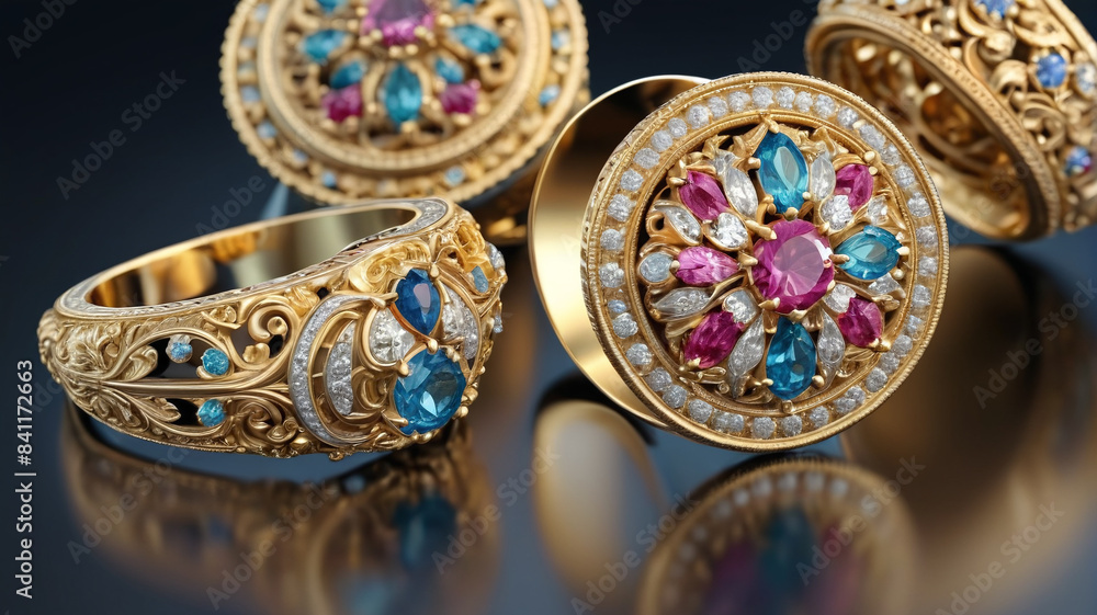 Royal Adornments: Opulent Rings and Dazzling Earrings in Gilded Cases, Generative AI Royal Adornments: Opulent Rings and Dazzling Earrings in Gilded Cases, Generative AI