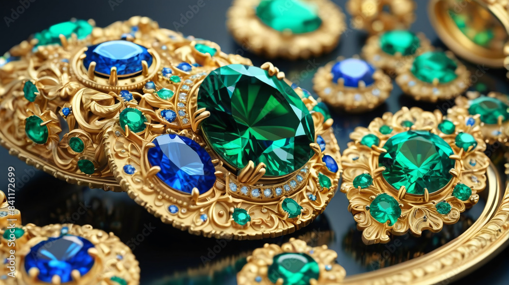 Royal Gems: Gleaming Sapphires and Emeralds Set in Golden Settings, Generative AI Royal Gems: Gleaming Sapphires and Emeralds Set in Golden Settings, Generative AI