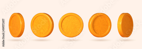 Coins displayed in various positions. Collection of 3D money depicted from different points of view. Vector illustration.