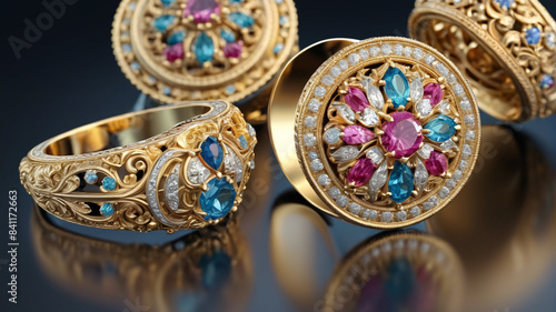 Royal Adornments: Opulent Rings and Dazzling Earrings in Gilded Cases, Generative AI
