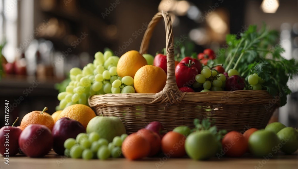 Modern A Grocery Basket Brimming with Fresh Fruits and Vegetables Under Soft Natural Light. Modern A Grocery Basket Brimming with Fresh Fruits and Vegetables Under Soft Natural Light.