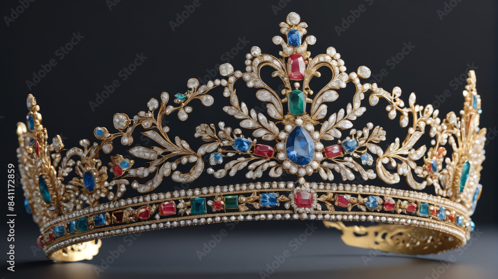 Obraz premium Royal Accessories: Luxurious Tiaras and Epaulettes Displayed with Grandeur, Generative AI