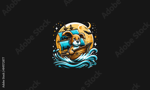 dog riding ship on sea vector logo design