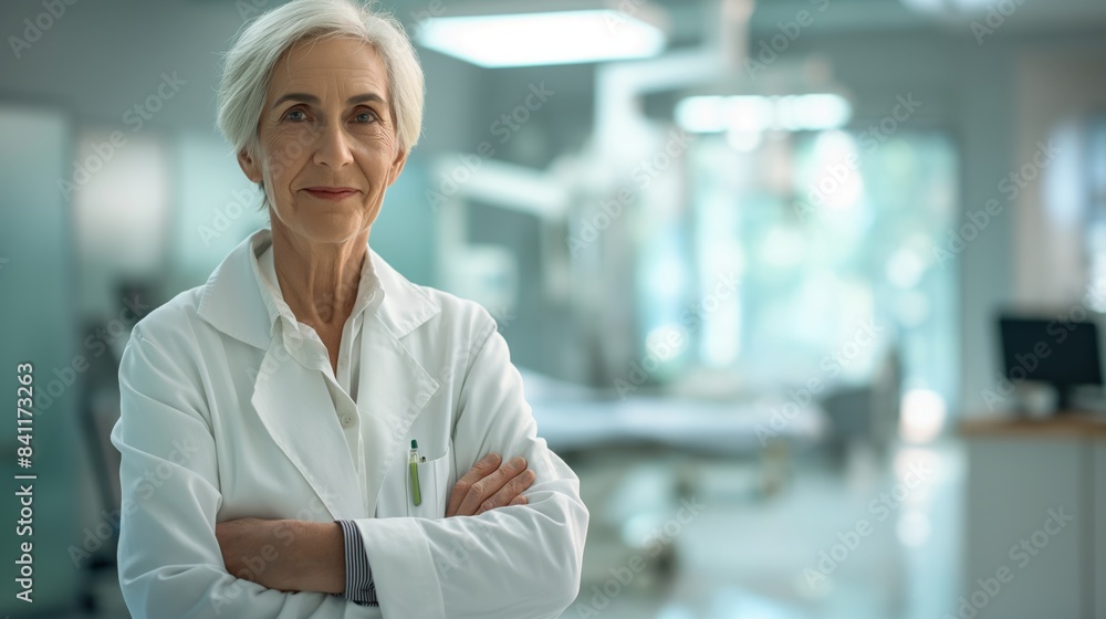 Confident Elderly Female Doctor in Modern Medical Facility with Crossed Arms, Southern European Healthcare Professional