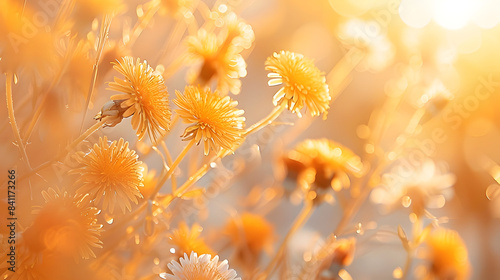 Fototapeta Naklejka Na Ścianę i Meble -  Beautiful flowers of yellow dandelions in nature in warm summer or spring on meadow in sunlight, macro. Dreamy artistic image of beauty of nature. Soft focus