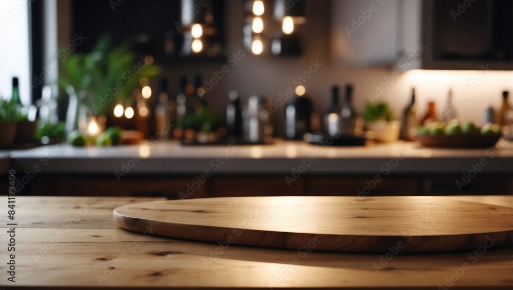 Sleek Wooden Board Basks in Stylish Kitchen Lighting. Sleek Wooden Board Basks in Stylish Kitchen Lighting.