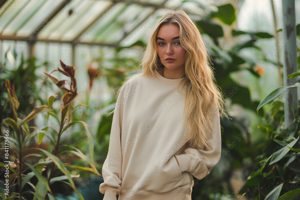 Portrait of an attractive blonde hair female model wearing beige color oversized crewneck blank mockup sweatshirt posing in a greenhouse with hand in pocket Portrait of an attractive blonde hair female model wearing beige color oversized crewneck blank mockup sweatshirt posing in a greenhouse with hand in pocket