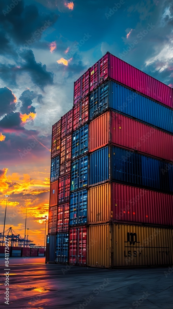 Fototapeta premium Dramatic Sunset over Bustling Container Port with Colorful Cargo Shipment