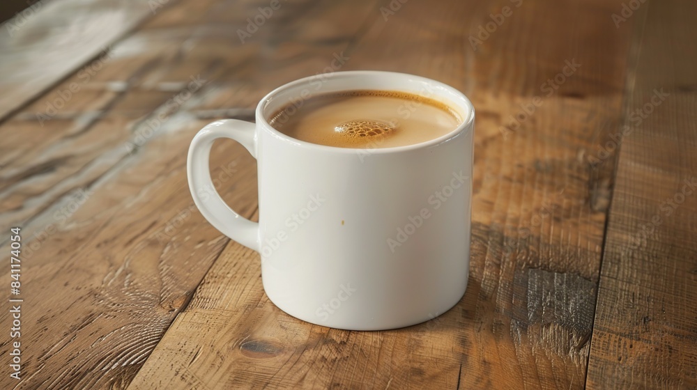 Shot from a low angle, a steaming mug of cafe latte stands proudly on a rustic wooden. Generative Ai Shot from a low angle, a steaming mug of cafe latte stands proudly on a rustic wooden. Generative Ai