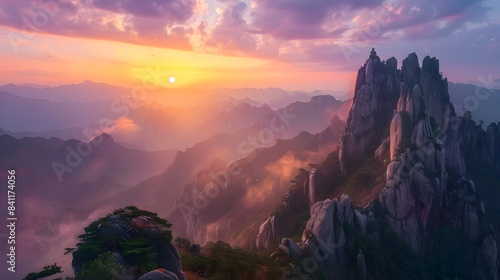 Beautiful Huangshan mountains landscape at sunrise in China photo