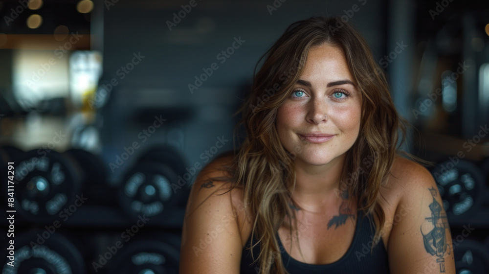 A woman with long brown hair and blue eyes is posing for a photo in a gym. She is wearing a black tank top and has tattoos on her arm. Concept of strength and determination A woman with long brown hair and blue eyes is posing for a photo in a gym. She is wearing a black tank top and has tattoos on her arm. Concept of strength and determination