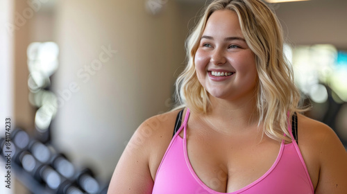 A woman with a pink tank top is smiling. She is in a gym