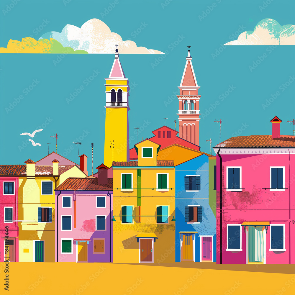 Obraz premium copy space, vector illustration, touristic publicity poster of Burano. World famous must-see tourist attraction. Touristic hotspot. Colorful island near Venice, Italy.