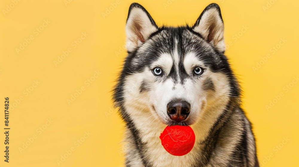 smile siberian husky with red clown nose on pastel yellow background. Generative Ai smile siberian husky with red clown nose on pastel yellow background. Generative Ai