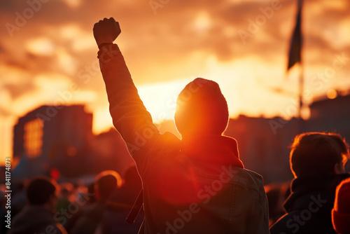 Protestor Raising Fist at Demonstration  sunset background