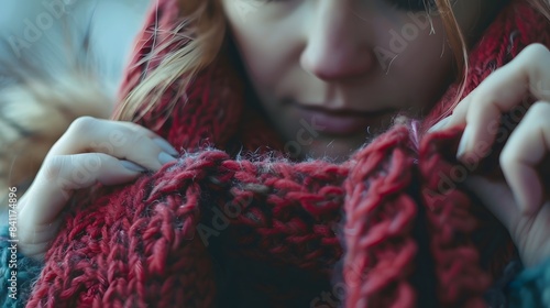 Closeup of woman knitting warm scarf