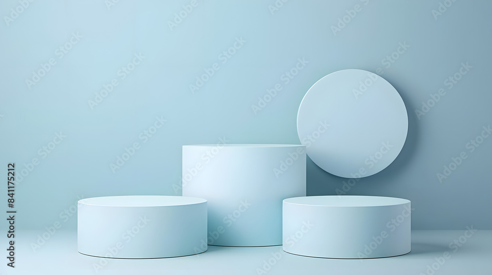 Beautiful minimalistic light blue background for product presentation with podiums on different tiers Beautiful minimalistic light blue background for product presentation with podiums on different tiers