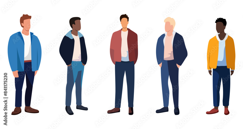 Vector illustration of cartoon men of various nationalities wearing jackets isolated on white background. Vector illustration of cartoon men of various nationalities wearing jackets isolated on white background.