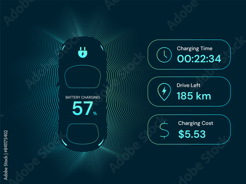 Top view electric car battery charging dashboard hologram interface with Charging Time, Drive Left, Charging Cost vector design concept. EV car battery charging dashboard for ui, web, EV business, ads