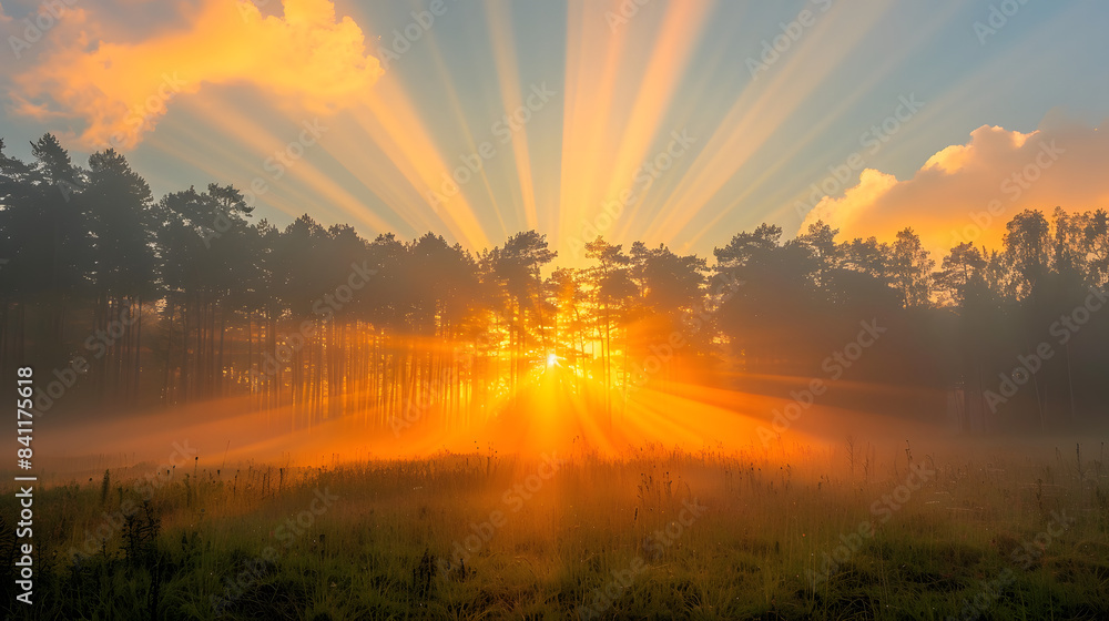 Obraz premium Beautiful morning natural summer landscape with sun rays through the crown of trees. Vibrant gold sunrise over a rural landscape