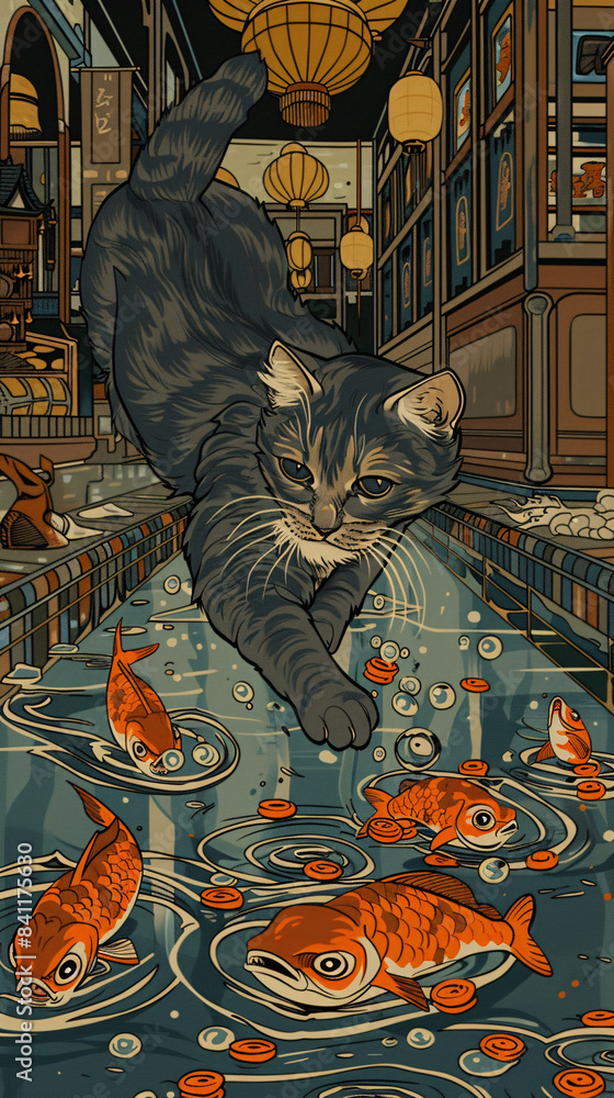 Whimsical Pursuit: Art Nouveau of Playful Cat Chasing Roller Skates in Cartoonish Style Whimsical Pursuit: Art Nouveau of Playful Cat Chasing Roller Skates in Cartoonish Style