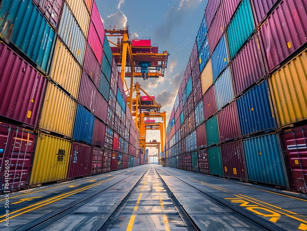 Fototapeta premium Colorful Shipping Containers Stacked High at Busy Seaport with Cranes