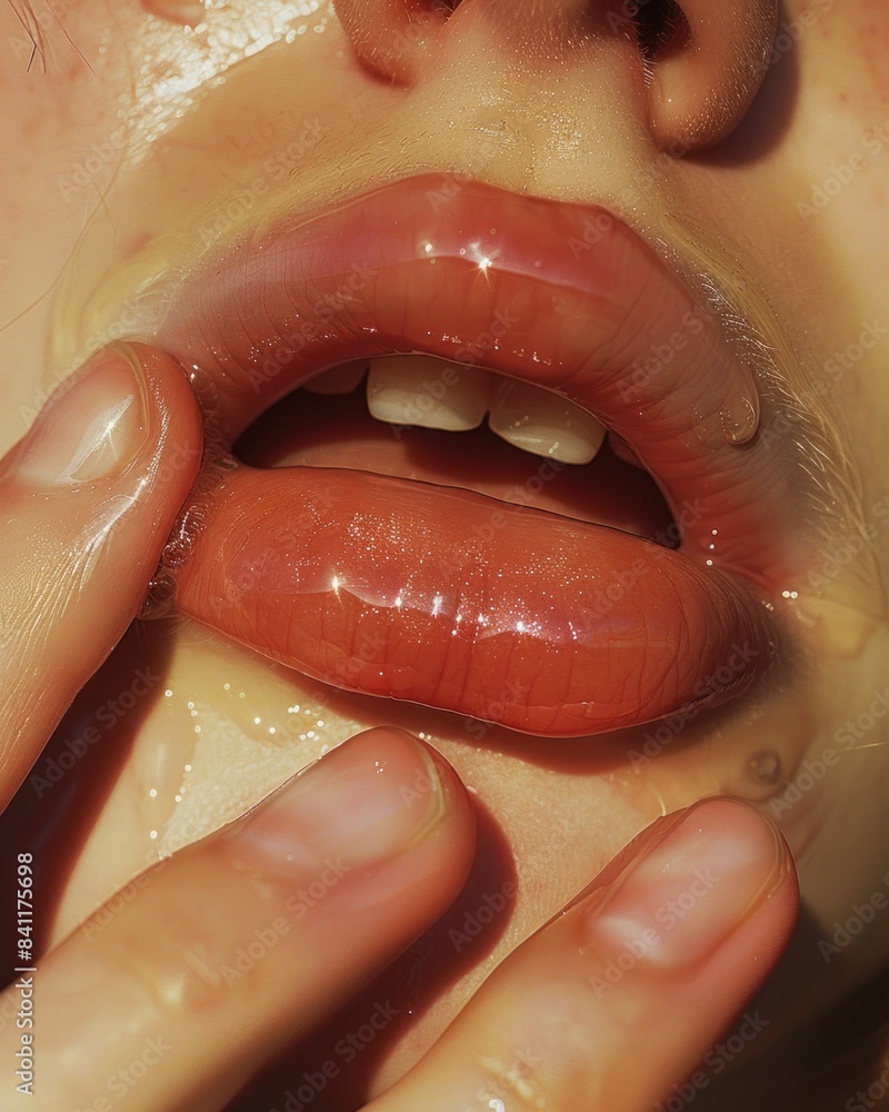 Obraz premium Glamorous closeup portrait of a woman's lips with excessive makeup for beauty and fashion photography concept