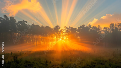 Beautiful morning natural summer landscape with sun rays through the crown of trees. Vibrant gold sunrise over a rural landscape © master graphics 
