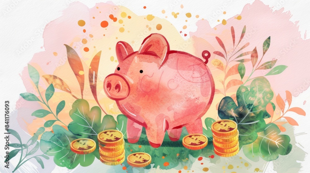 Obraz premium Pink piggy bank brimming with coins, green growth chart, flat design, top view, wealth theme, watercolor, vivid colors
