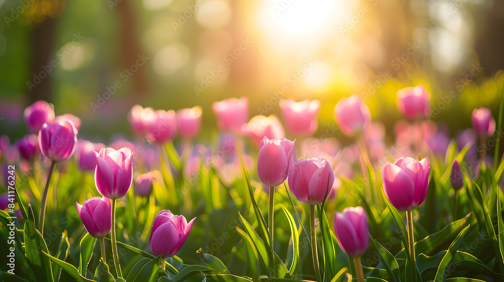 Beautiful natural wide-format image of spring meadow of young bright blooming purple tulips in morning sun in park in nature