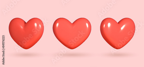 Collection of 3D shiny realistic heart balloons in red, displayed from different angles. Vector illustration for cards, parties, designs, flyers, posters, decorations, banners, web and advertising.